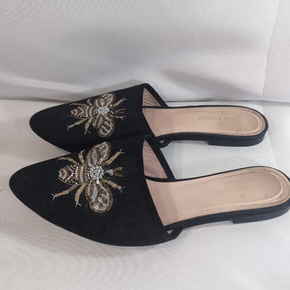 Kate Spade Maddie BEE Buzz Worthy Shoes Flats Black Gold Beaded Embroidered 7.5 - Picture 5 of 16